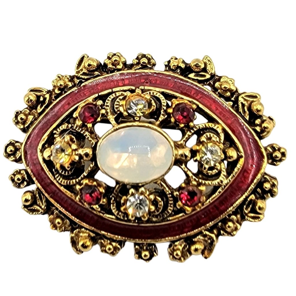 Florenza Oval Red Enamel Moonstone Center Rhinestone Brooch, Signed
